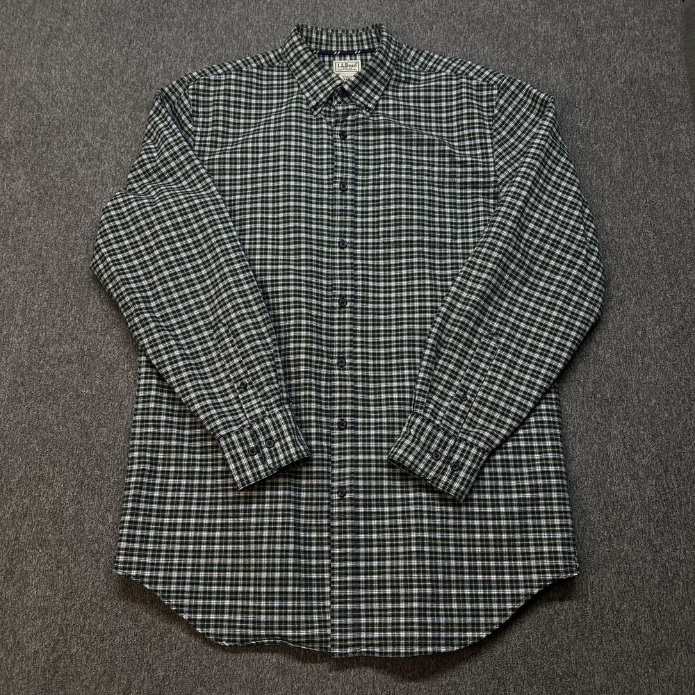 LL‎ BEAN Mens L Tall Navy Green White Plaid Long Sleeve Shirt  Long Fit (075)